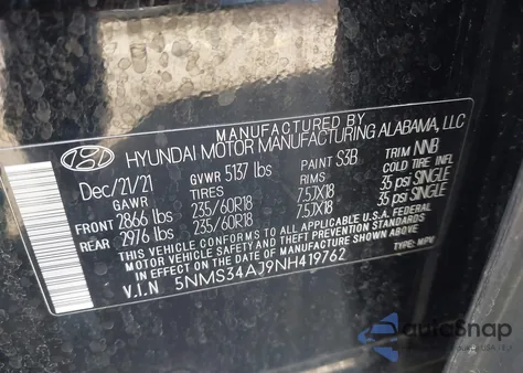 2022 Hyundai Santa Fe Sel z USA, uszkodzony, nr VIN 5NMS34AJ9NH419762